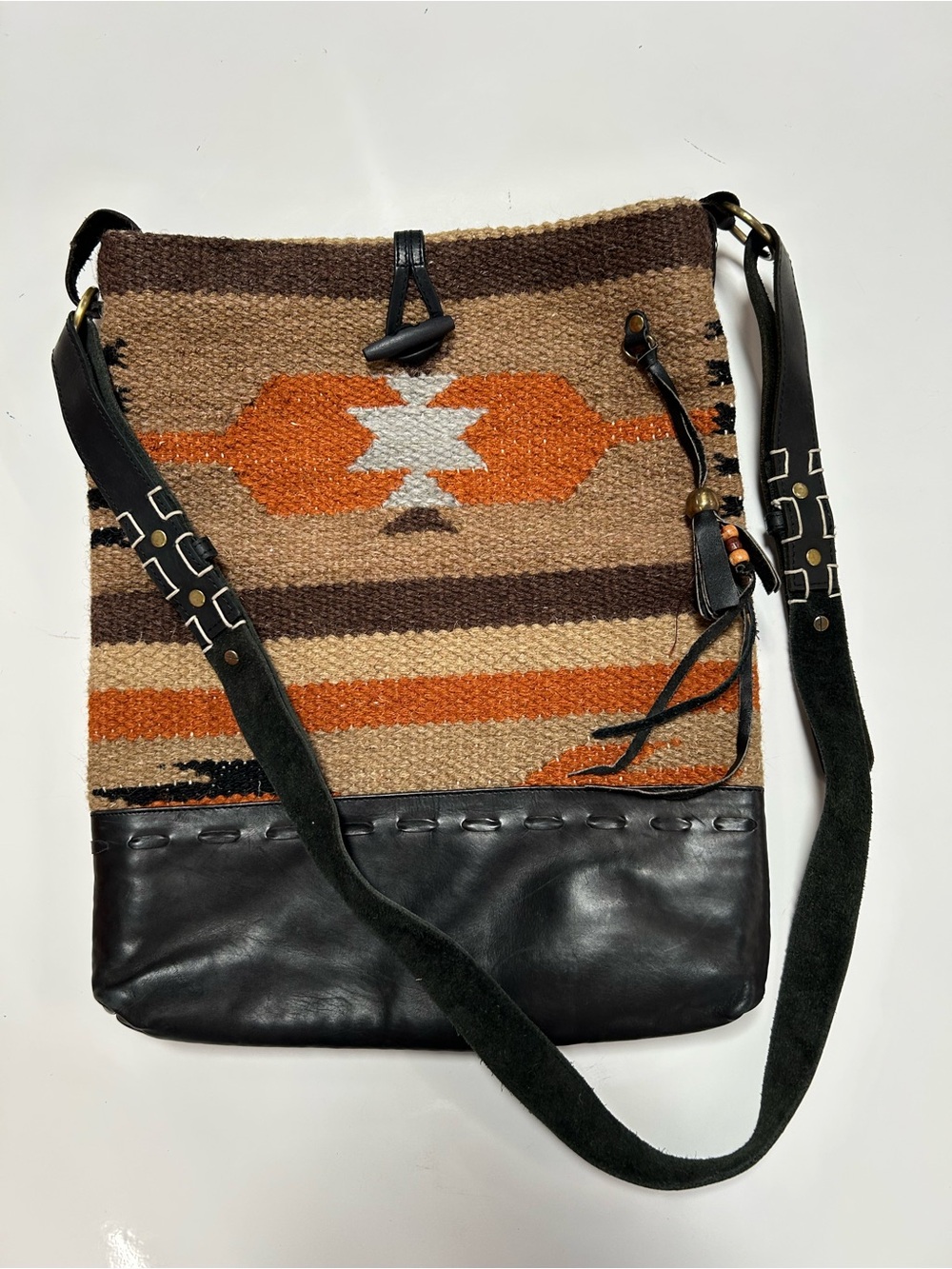 Raj bohemian leather and wool large crossbody bag southwestern